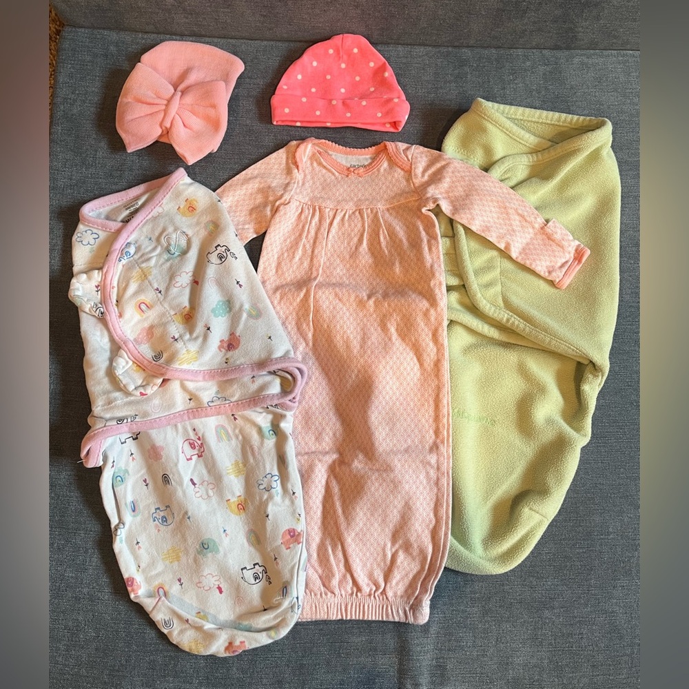 Mixed Brand Baby Girl’s Swaddles, Sleep Gown, and Hats